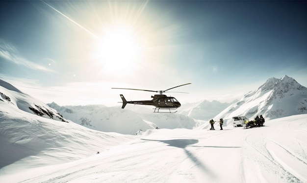 Los freeriders se levantan mientras el helicóptero despega del valle nevado.