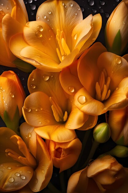 Foto freesia-blumenblume mit wassertröpfchen-banner-hintergrund