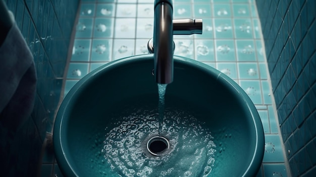 Un fregadero con un azulejo azul que dice que sale agua de él.