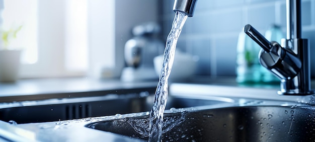 Foto el fregadero de la cocina con agua corriente