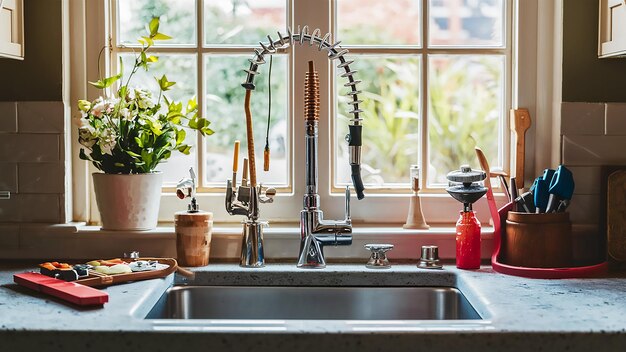 un fregadero de cocina con un grifo y una ventana detrás de él