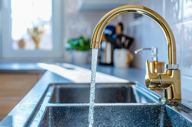 Un fregadero de cocina moderno con un grifo de oro con agua corriente