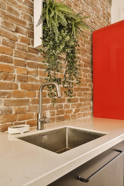 un fregadero de cocina con una planta colgando en la pared por encima de él y una pared de ladrillo rojo en el fondo