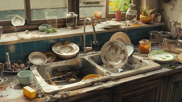 El fregadero de la cocina sucio y desordenado está lleno de platos sin lavar, cubiertos y pedazos de comida.