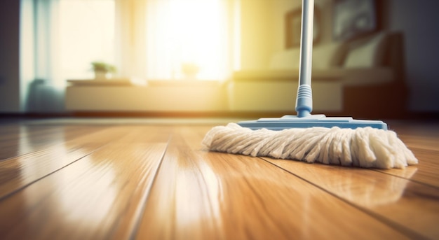 fregona sobre el suelo de madera del salón