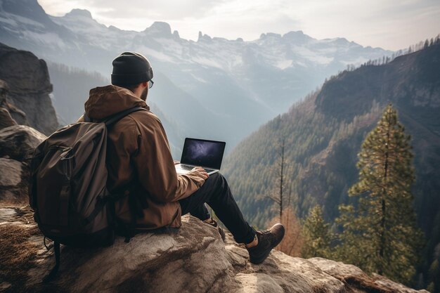 Freiberufler, der online arbeitet, während er in den Bergen wandert. Generative KI