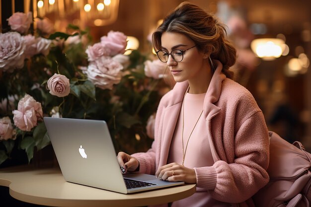 freiberufliche Frau inmitten der Lichter eines schicken Cafés, die an ihrem Laptop arbeitet