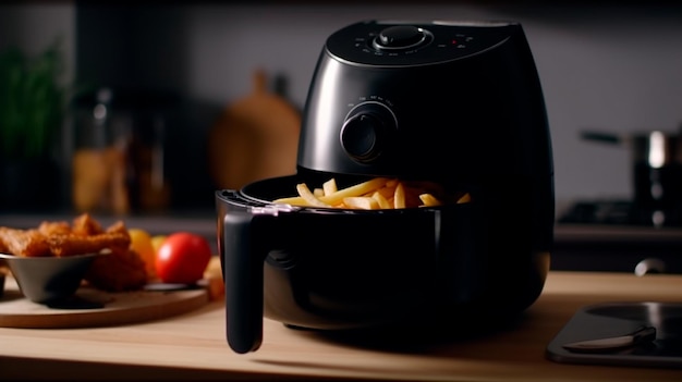 Freidora de aire negra o freidora sin aceite en la mesa de madera en la cocina moderna con papas fritas y tomates fritos en platos Ilustrador de IA generativa