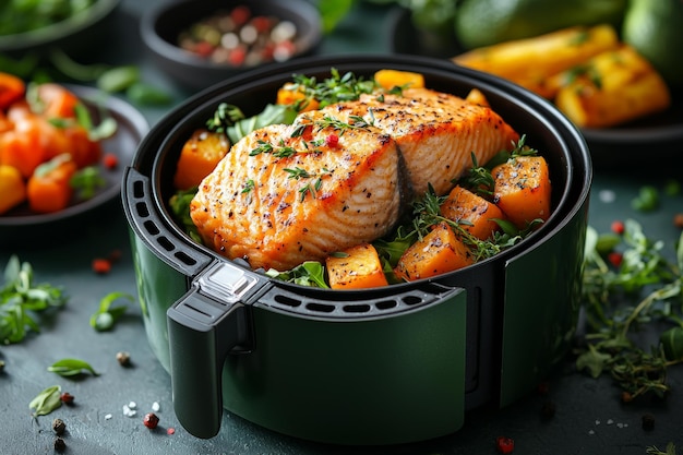 freidora de aire con pescado de salmón