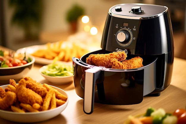 Foto freidora de aire con pollo panado frito en la mesa de la cocina