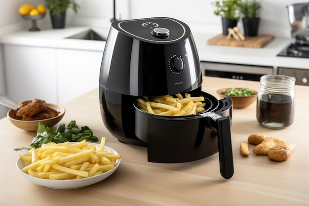 Freidora Black Air con mesa de madera para papas fritas en una cocina generativa ai