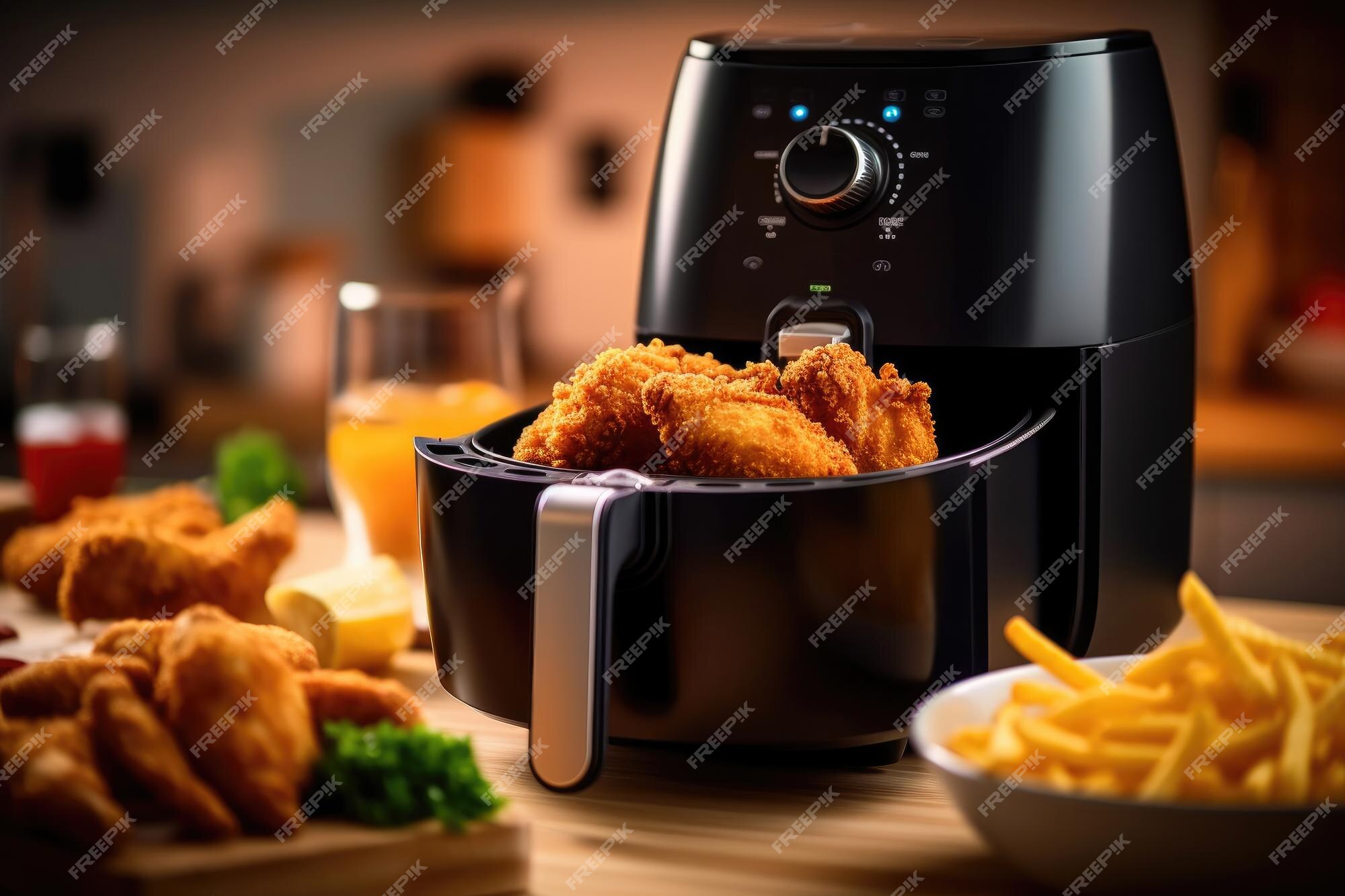 Freidora con pollo frito empanizado sobre la mesa de la cocina generative  ai