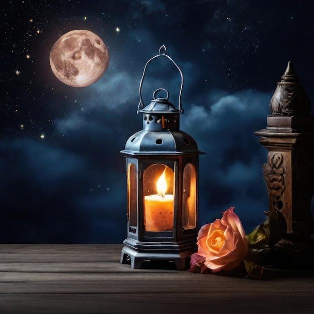 freie Laterne mit brennender Kerze und Nachthimmel mit schwindendem Halbmond im Hintergrund
