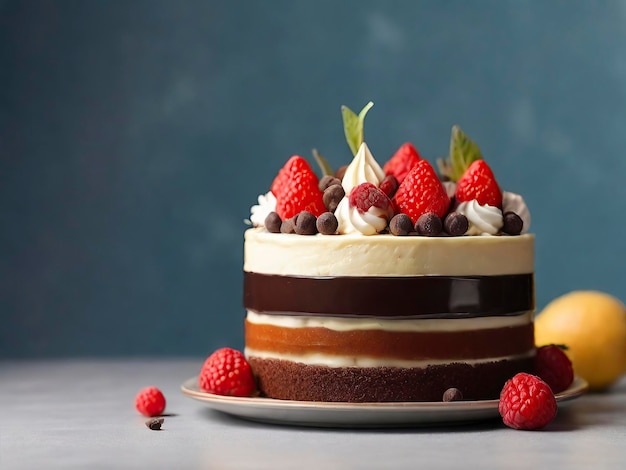 Freie Vorderseite von köstlichem Kuchen mit Kopierplatz Stück Schokoladenkuchen, das mit Erdbeeren geschmückt ist