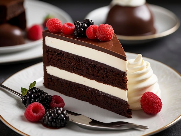 Freie Vorderseite von köstlichem Kuchen mit Kopierplatz Stück Schokoladenkuchen, das mit Erdbeeren geschmückt ist