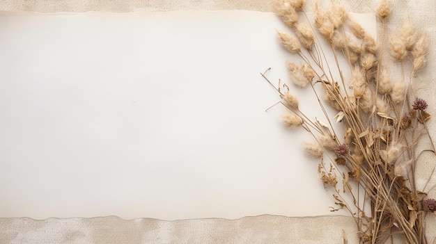 freier flacher Hintergrund aus altem weißem Papier mit kleinen getrockneten Blumendekorationen an der Kante