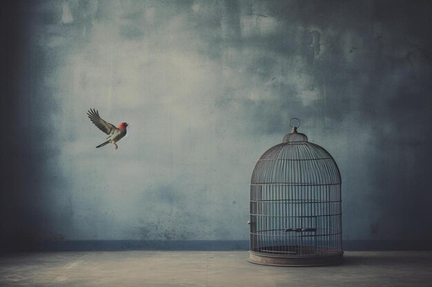 Foto freiheit minimalkonzept vogel in einem offenen käfig