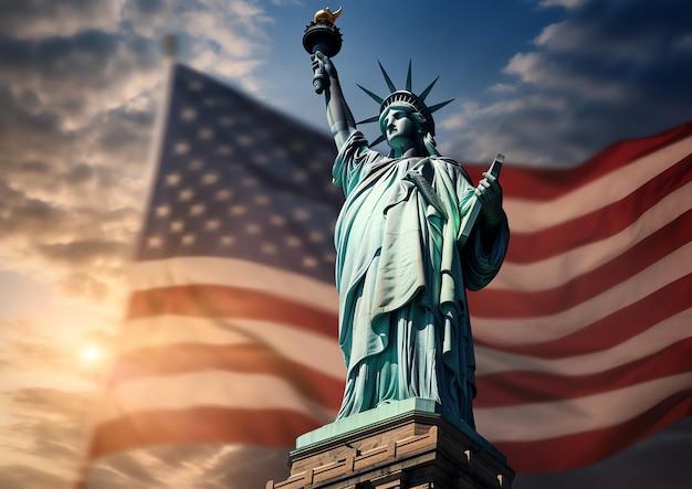 Freiheitsstatue mit einer Flagge im Hintergrund