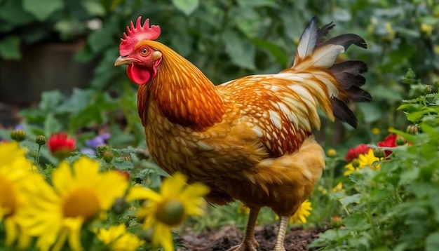 Freilebender Hahn, der auf einer grünen Wiese pickt, erzeugt durch KI