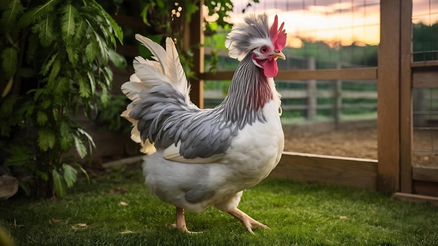 Freilebendes rotkrempiges weißes Huhn mit grauen Federn