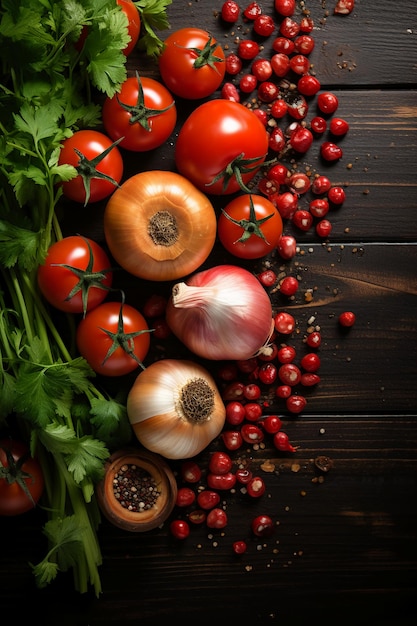 Freír cebollas pimienta ajo y ketchup en una vieja pizarra verde al estilo de fondo minimalista