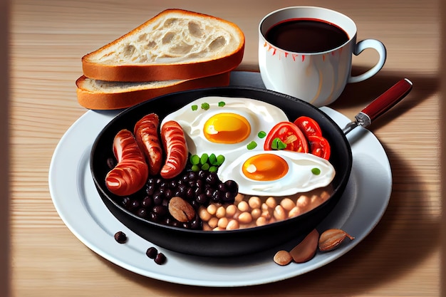 Foto freír el desayuno inglés completo con comida de huevos fritos