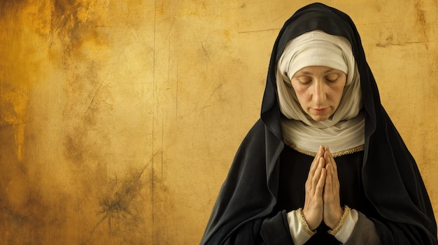 Foto freira tranquila com as mãos fechadas em oração olhos fechados contra um pano de fundo dourado