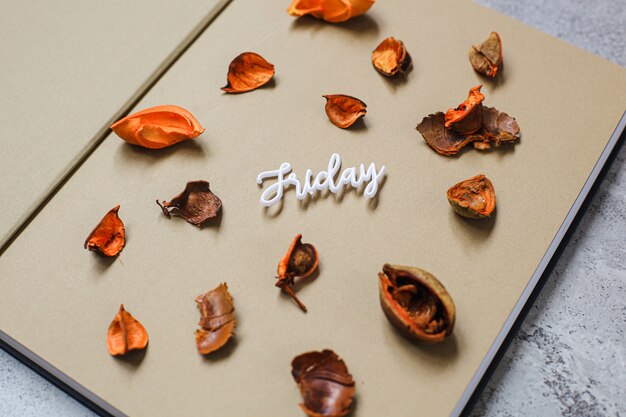 Freitag flach minimalistisches Herbstkonzept mit Buchtrockenblättern auf grauem Zementhintergrund
