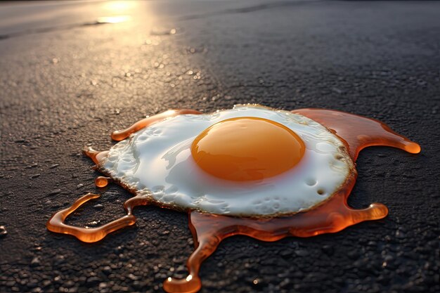 Foto freitar huevos en asfalto caliente concepto de calor y calentamiento global ia generativa