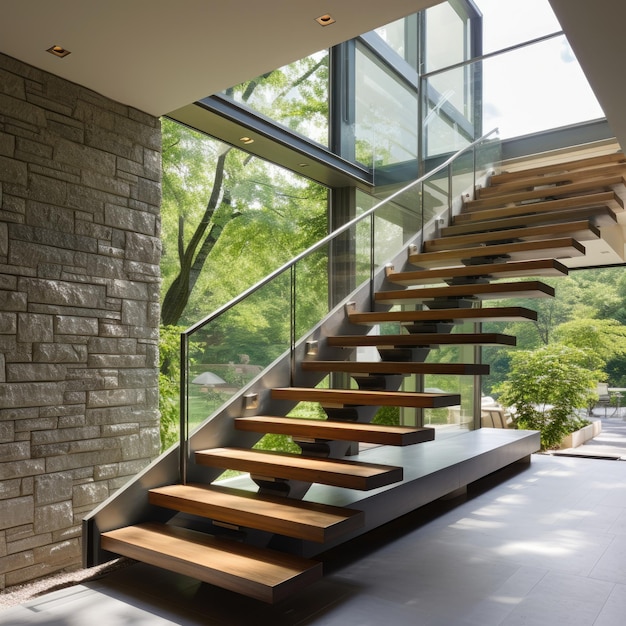 Freitragende Treppe in einem modernen Haus am Hang