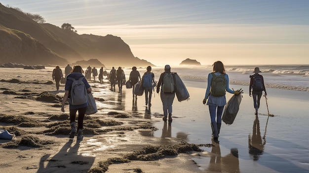 Foto freiwillige schlossen sich zu einer strandsäuberungsaktion zusammen, die verantwortung für die umwelt verkörpert