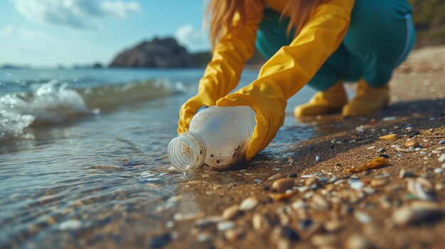 Freiwilliger, der eine Plastikflasche am Sandy Beach abholt