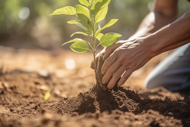 Freiwilliger pflanzt mit generativer KI einen neuen Baum in die Erde eines Stadtgartens