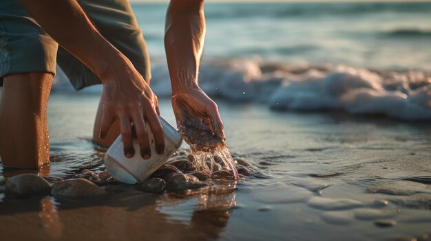 Freiwilliger sammelt Müll am Strand in der Nähe des Ozeans