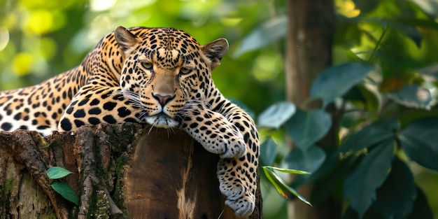 Freizeit Spotted Leopard ruht auf einem Baumstamm im grünen Dschungel