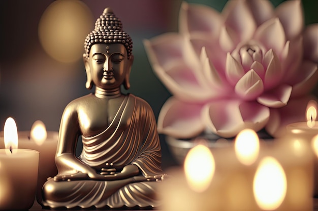 Freizeit- und Entspannungsmeditationskonzept mit goldener Buddha-Figur im Spa AI generiert