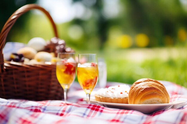 Freizeit und Getränke Konzept Nahaufnahme von Essen Getränken und Korb auf Picknick Decke auf Gras