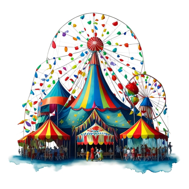 Freizeitfestival im Vergnügungspark Curcuszelt Riesenrad Zelte Baldachin Fastfood und Getränke Besucher