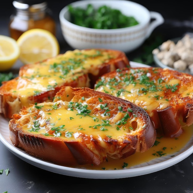 French Toast mit Käsezwiebeln und Kräutern serviert in gemütlicher Atmosphäre