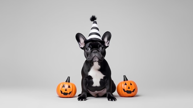 Frenchie divertido sentado sobre un fondo liso con un sombrero y dos calabazas de Halloween