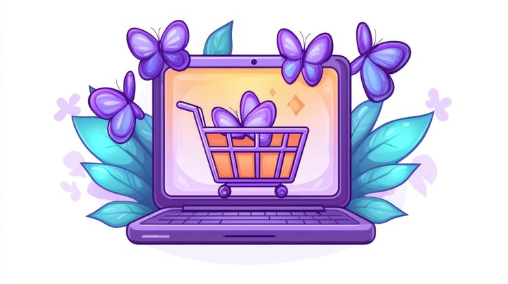 Foto frenesí de compras en línea en la computadora portátil con mariposas y carrito de compras rodeado de hojas
