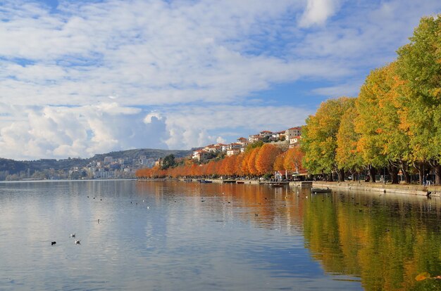 Foto frente al lago kastoria en otoño en kastoria, grecia