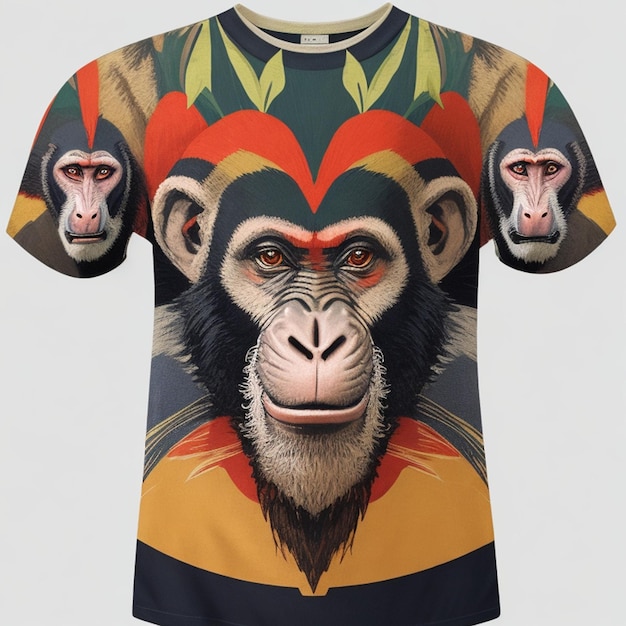 Foto frente de la camiseta con la cara de un mono, un gato, una vaca, un tigre, un león, un pájaro.