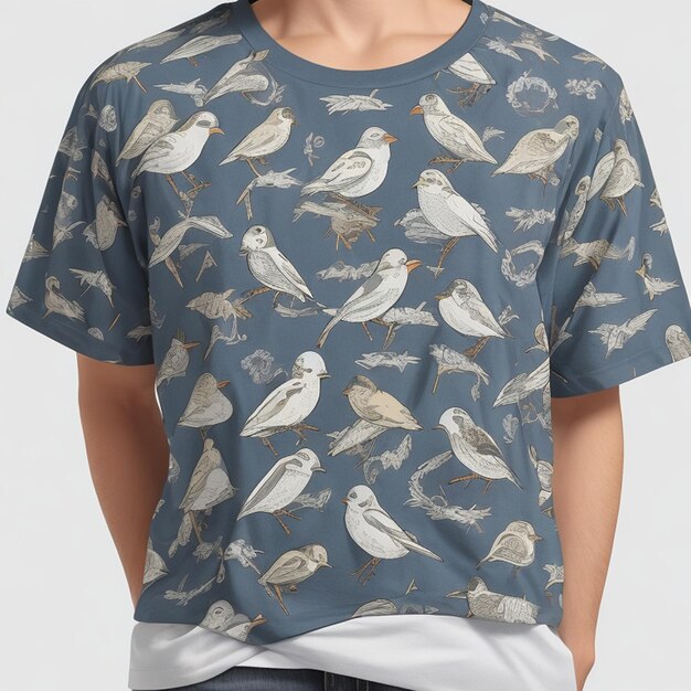 Foto frente de la camiseta con el patrón de la cara de un pájaro