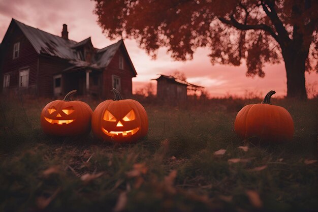 Frente de una casa antigua en la noche de Halloween