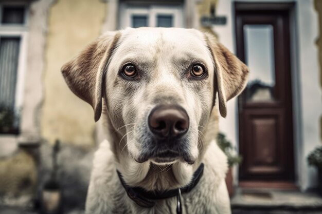 Frente a una casa un perro alegre