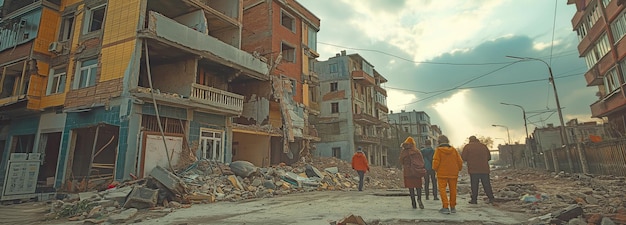 Frente a las casas que han sido dañadas por un terremoto o un ataque militar de misiles hay personas sin hogar