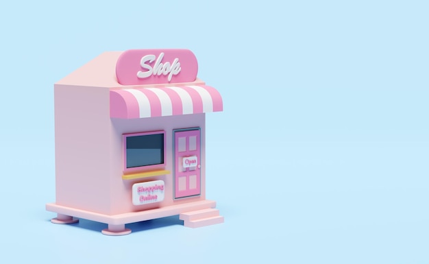 frente de loja ou loja rosa isolada em fundo azul pastel negócio de franquia inicial conceito de compras on-line ilustração 3D ou renderização 3D