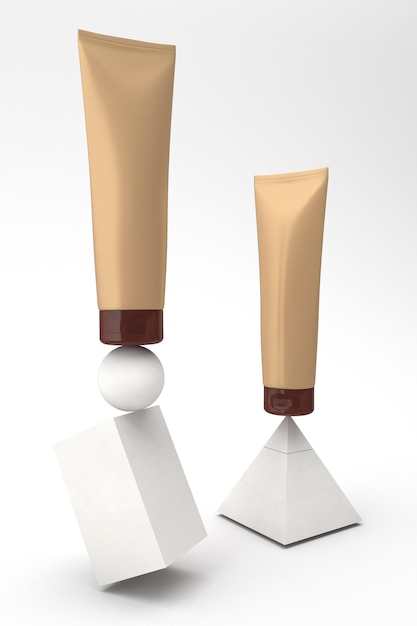 Frente de tubos de creme equilibrados em fundo branco