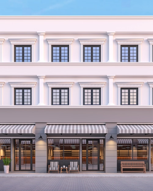 Frente do edifício comercial de estilo clássico renderização 3D com cor cinza e branco